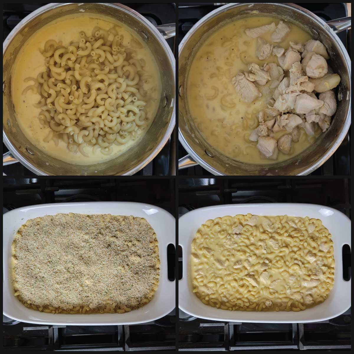 Steps for assembling the casserole - adding the pasta to the sauce, adding in the chicken, pouring in dish, adding breadcrumbs.