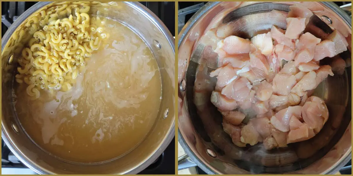 Noodles cooking in broth and chicken in a pot cooking.