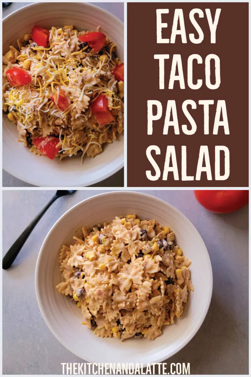 Easy taco pasta salad Pinterest graphic. Pasta salad in a serving bowl with shredded cheese and diced tomatoes for a garnish.