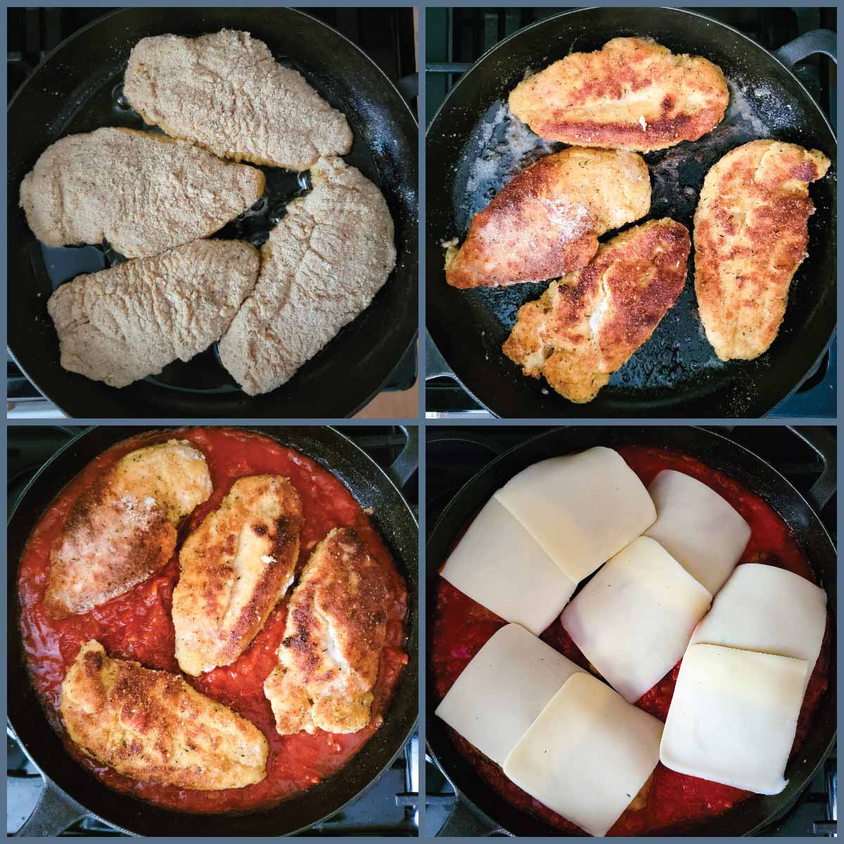Steps for cooking the chicken - frying, flipping, adding sauce and adding cheese.