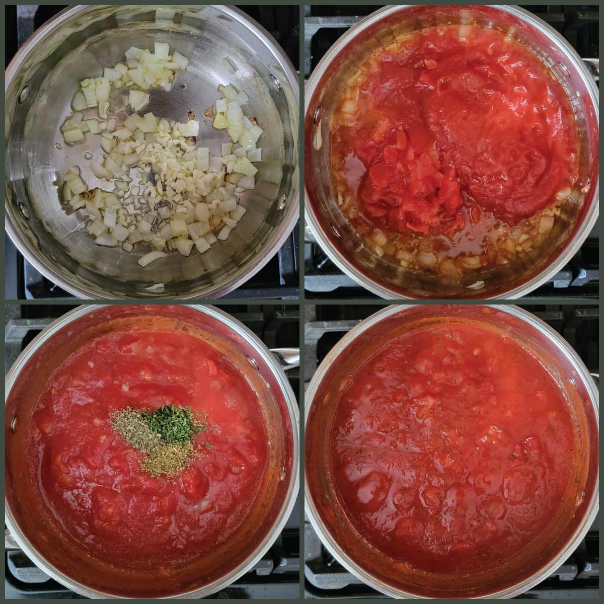 Steps for making the sauce - sautéing onions, adding tomatoes, adding seasoning and simmering.
