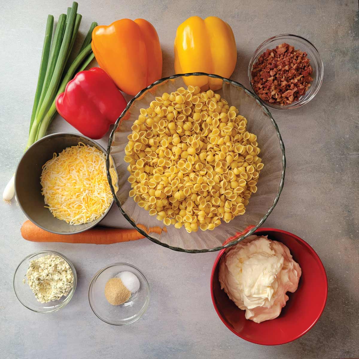 Ingredients prepped for making the bacon ranch pasta salad.