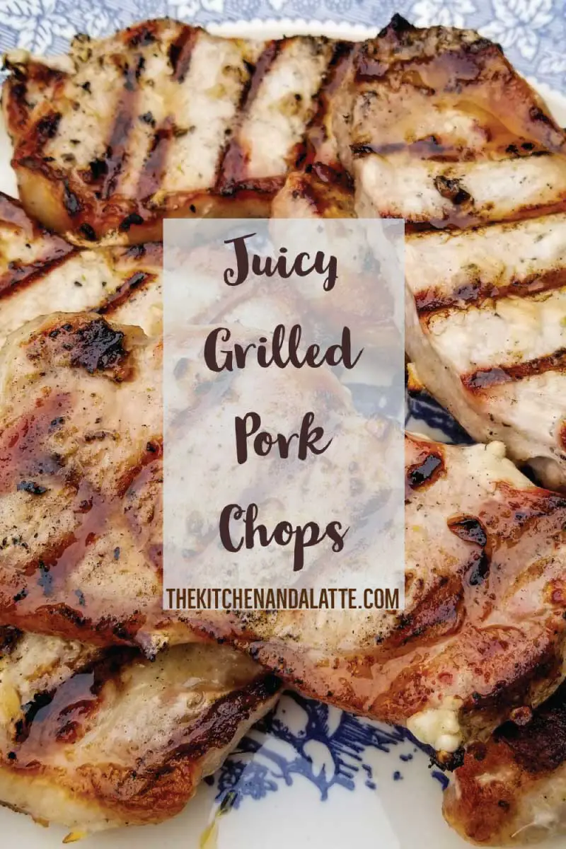 Juicy grilled pork chops Pinterest graphic. Pork chops on a plate resting before serving.