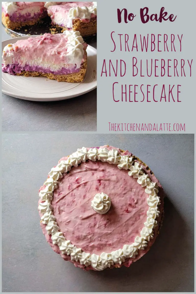 No bake strawberry and blueberry cheesecake Pinterest graphic. Cheesecake decorated with whipped cream ready to serve and a slice cut out and on a plate ready to eat.