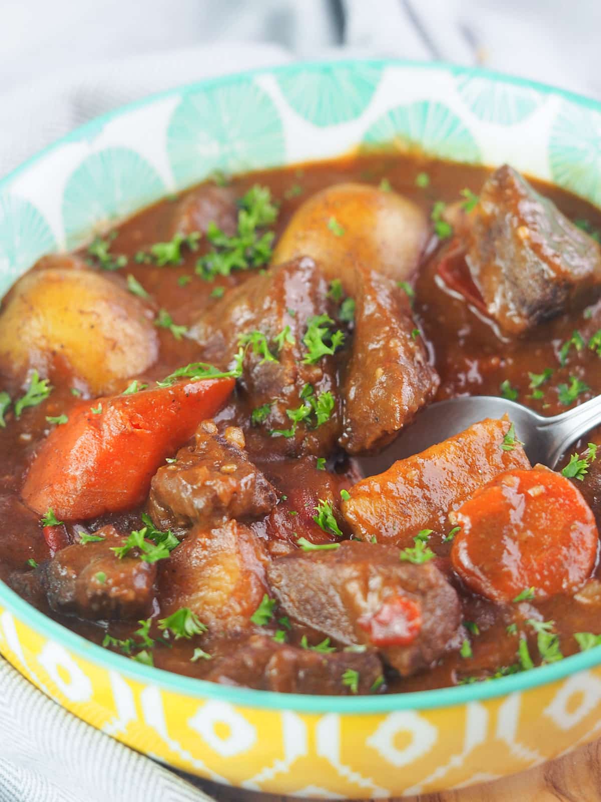 Hungarian goulash in a serving bowl ready to eat.