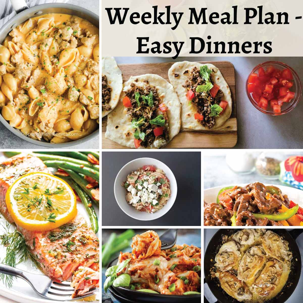 Weekly meal plan easy dinners. cheesy turkey pasta, beef soft tacos, baked salmon, Mediterranean chicken orzo, pepper steak, one pot tortellini, pork chops in creamy mushroom sauce.