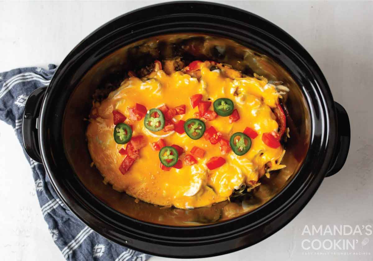 John Wayne casserole in the crockpot after cooking, ready to serve.