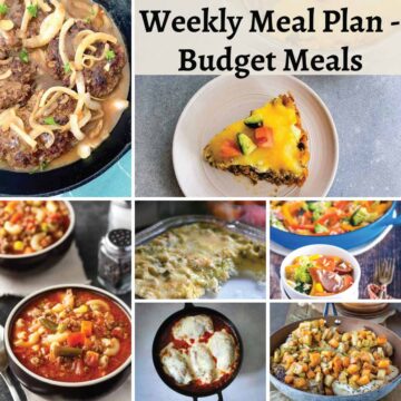 Weekly meal plan budget meals. Salisbury steak, taco pie, smoked sausage and rice, cheesy broccoli and rice, busy day soup, chicken parmesan and pork with apples and squash.