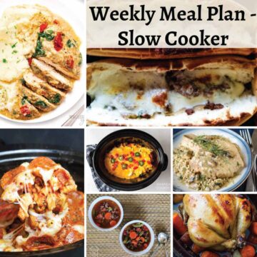 weekly meal plan slow cooker meals. Pepperoni pizza pasta, hamburger vegetable soup, creamy garlic tuscan chicken, mushroom pork chops, honey chicken and vegetables, cheesesteaks and John Wayne casserole.