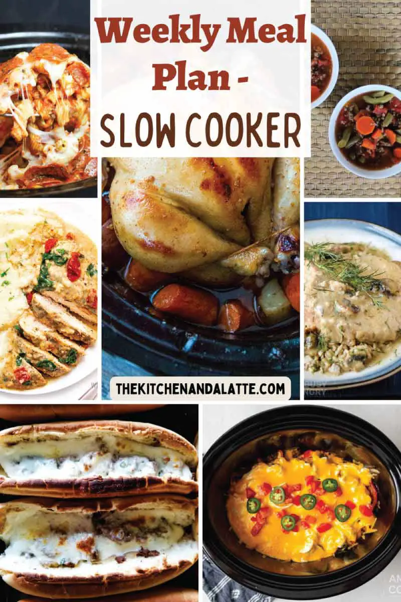 weekly meal plan slow cooker meals - Pinterest graphic. Pepperoni pizza pasta, hamburger vegetable soup, creamy garlic tuscan chicken, mushroom pork chops, honey chicken and vegetables, cheesesteaks and John Wayne casserole.