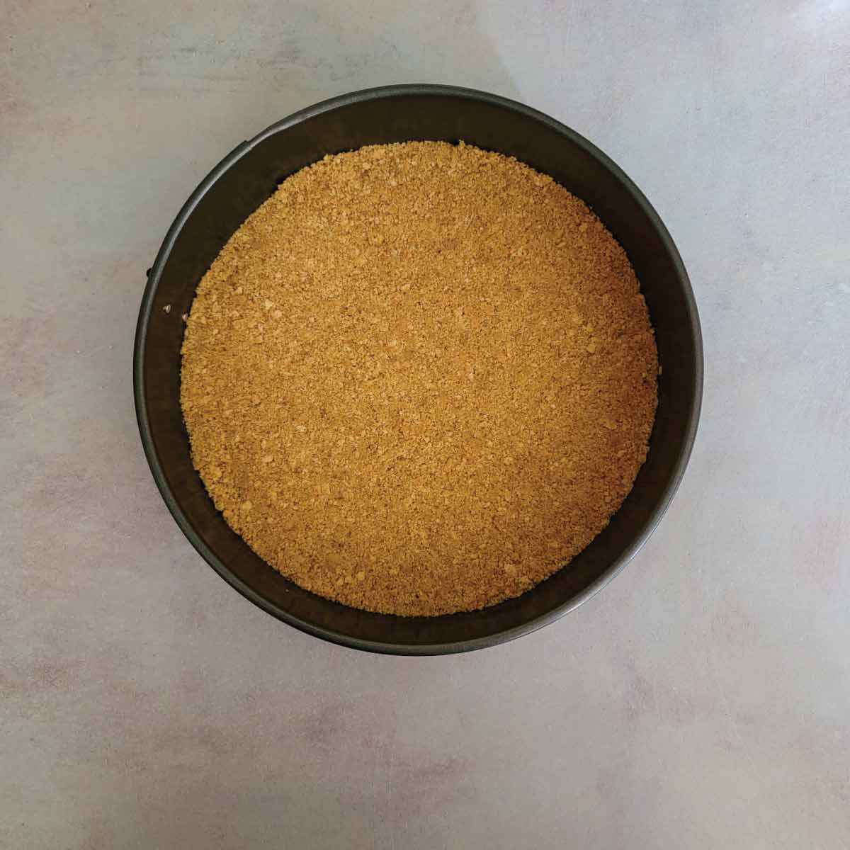 Graham cracker crust pressed into a springform pan.