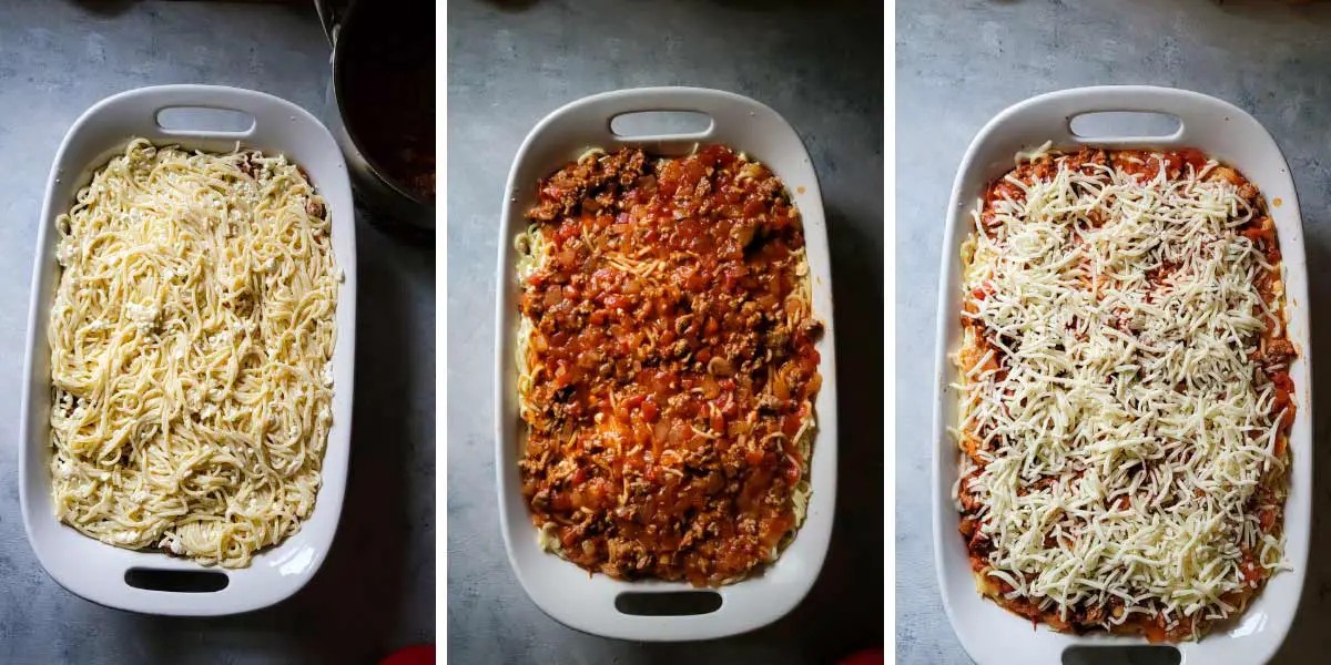 Layering the baked spaghetti. On left is the pasta/cheese mixture spread out in the baking dish. In the middle is the sauce spread over the pasta mix. On the right is the casserole topped with shredded cheese.