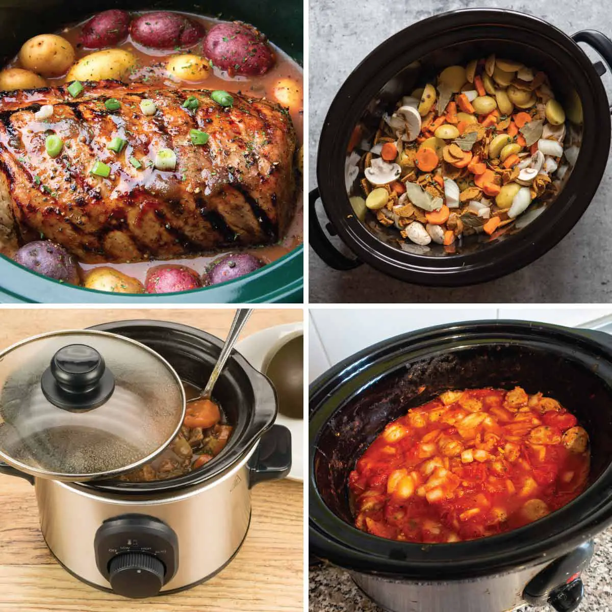 4 different slow cookers with food in them to show they come in different sizes.
