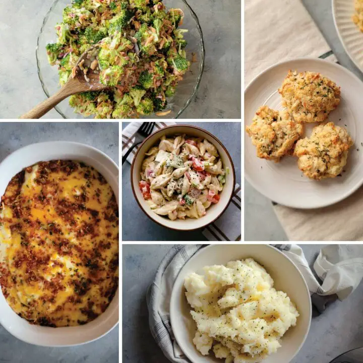 5 side dishes shown - broccoli salad with bacon, cheddar biscuits, ranch pasta salad, loaded mashed potato casserole and classic mashed potatoes.
