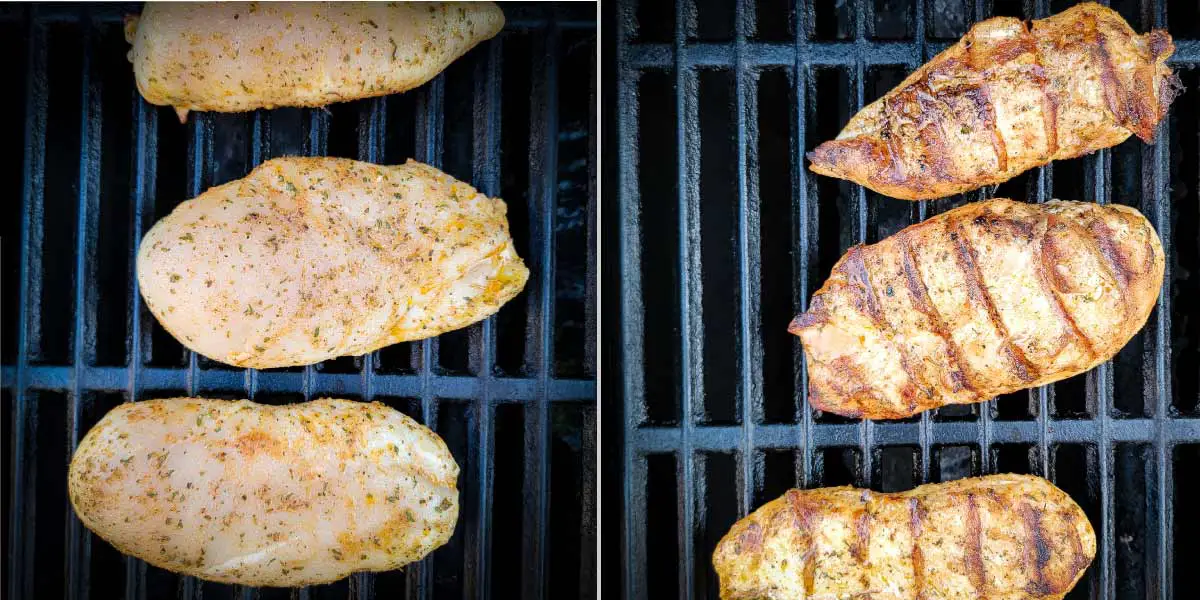seasoned chicken breasts cooking on the grill before flipping and after flipping.