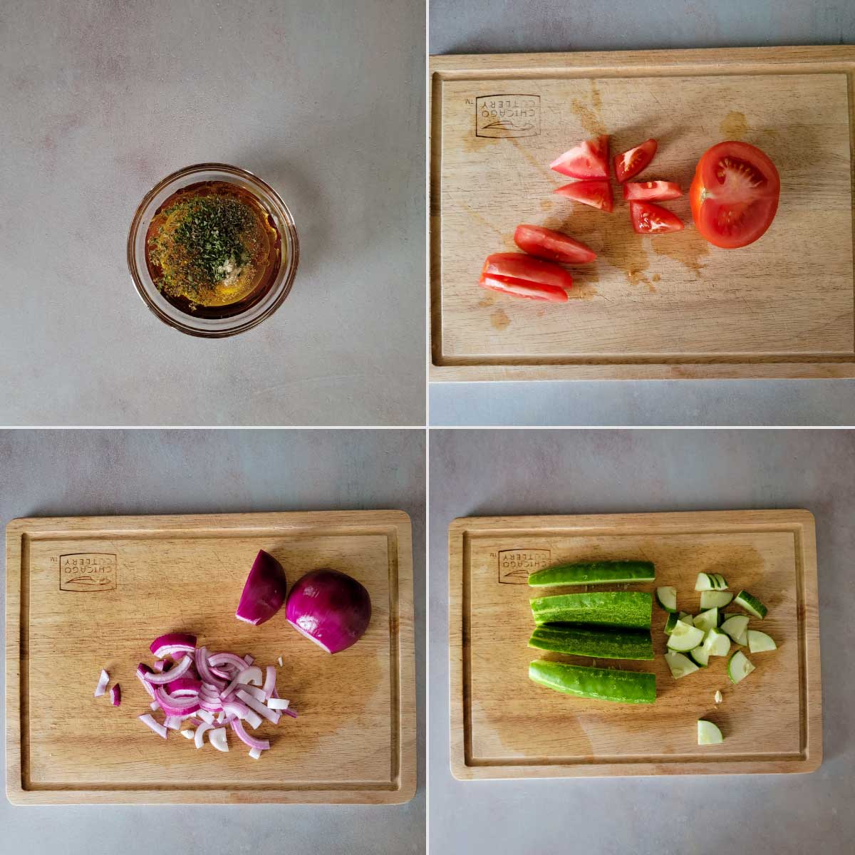 Prepping steps - dressing in a prep bowl, tomatoes cut into chunks, onions in slices and cucumbers cut into small triangles.