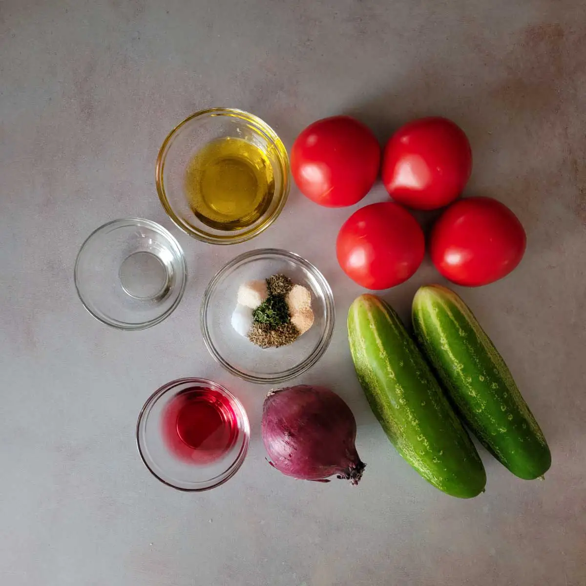 Ingredients prepped for the cucumber tomato salad.