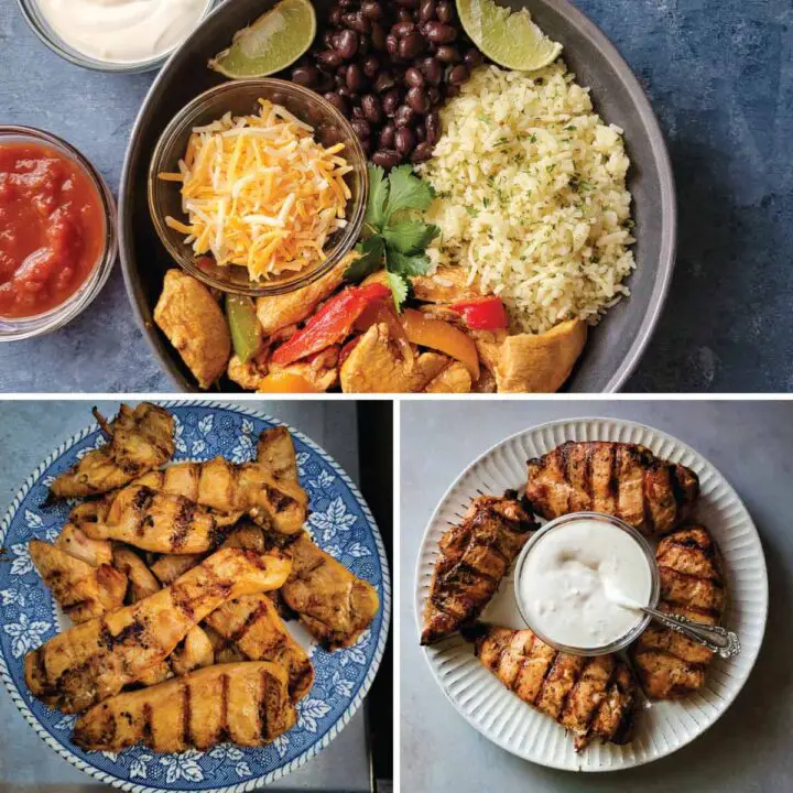 3 chicken breast recipes shown - chicken fajitas, grilled chicken with a lime marinade on a plate ready to serve, and grilled chicken breasts on a plate with a creamy garlic sauce in the middle ready to serve.