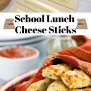 School lunch cheese snacks. Dough with slices of mozzarella cheese on it ready to roll up into a stick and cheese sticks in a serving dish after cooking ready to serve.
