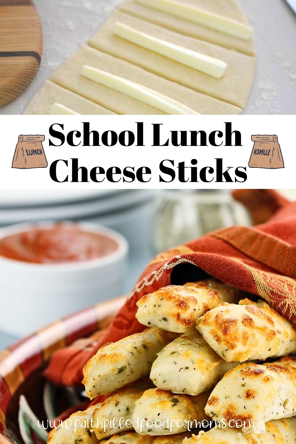 School lunch cheese snacks. Dough with slices of mozzarella cheese on it ready to roll up into a stick and cheese sticks in a serving dish after cooking ready to serve.