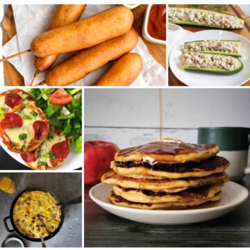 5 of the lunch ideas - homemade corn dogs on a platter ready to serve, dill tuna salad in cucumber boats on a plate ready to serve, 3 mini pizzas on a plate ready to eat, breakfast casserole in a cast iron pan ready to serve and apple pancakes on a plate with maple syrup being drizzled over the top.