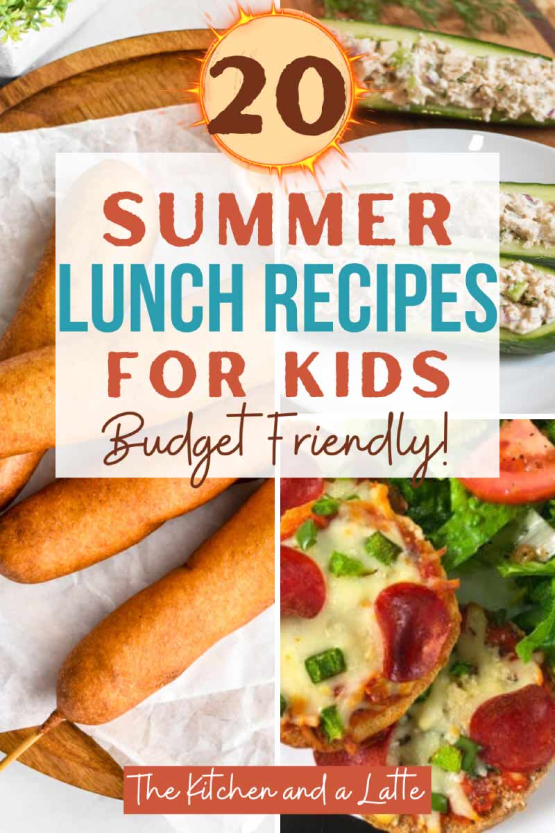 20 summer lunch recipes for kids, budget friendly. 3 of the recipes shown - corndogs on a plate ready to serve, 3 mini pizzas on a plate ready to eat and dill tuna salad in cucumber boats on a plate ready to eat.