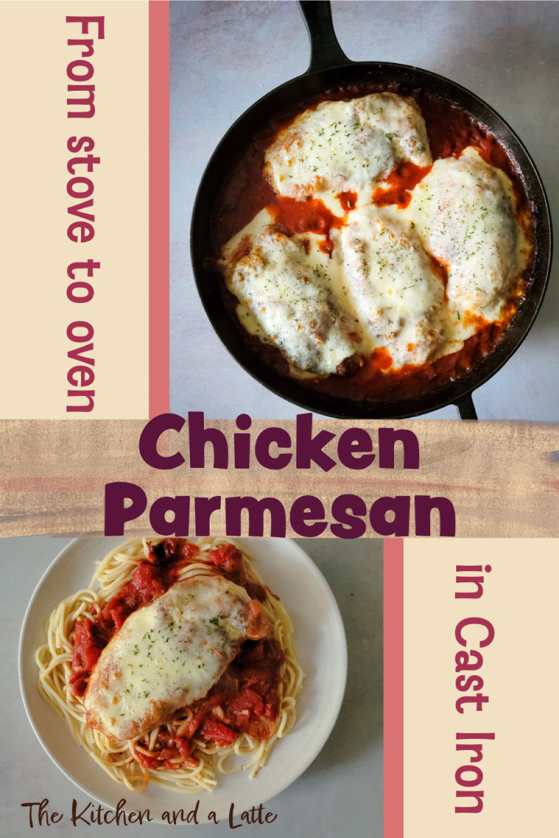 From stove to oven chicken parmesan in cast iron Pinterest graphic.