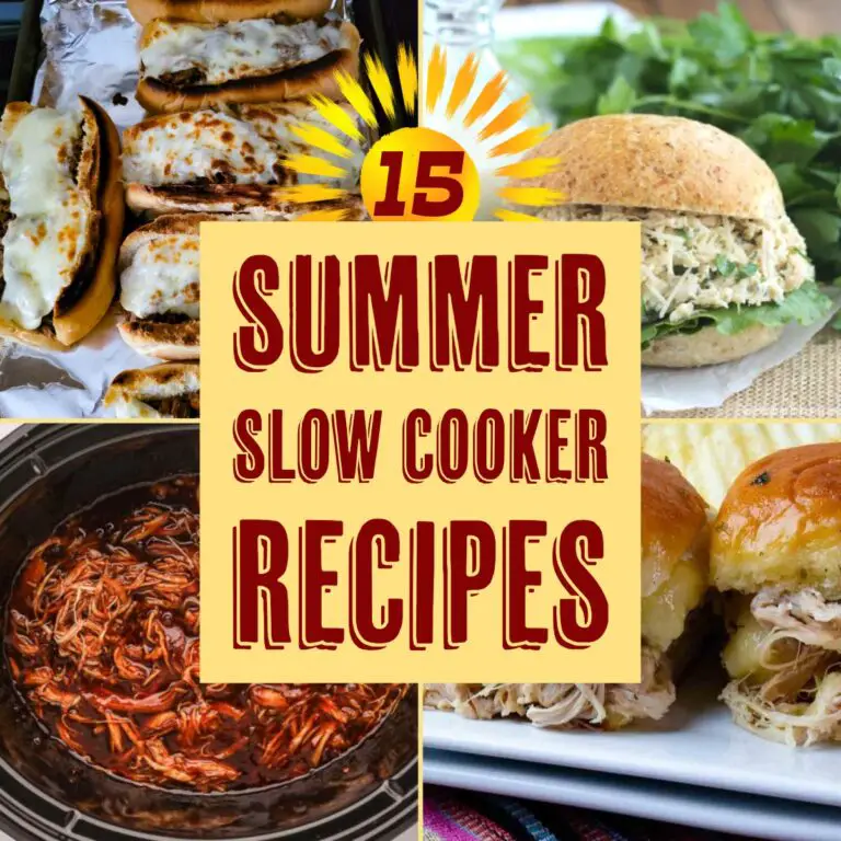 15 summer slow cooker recipes - 4 of the recipes shown bbq chicken, chicken sliders, cheesesteaks and Caesar chicken sandwiches.
