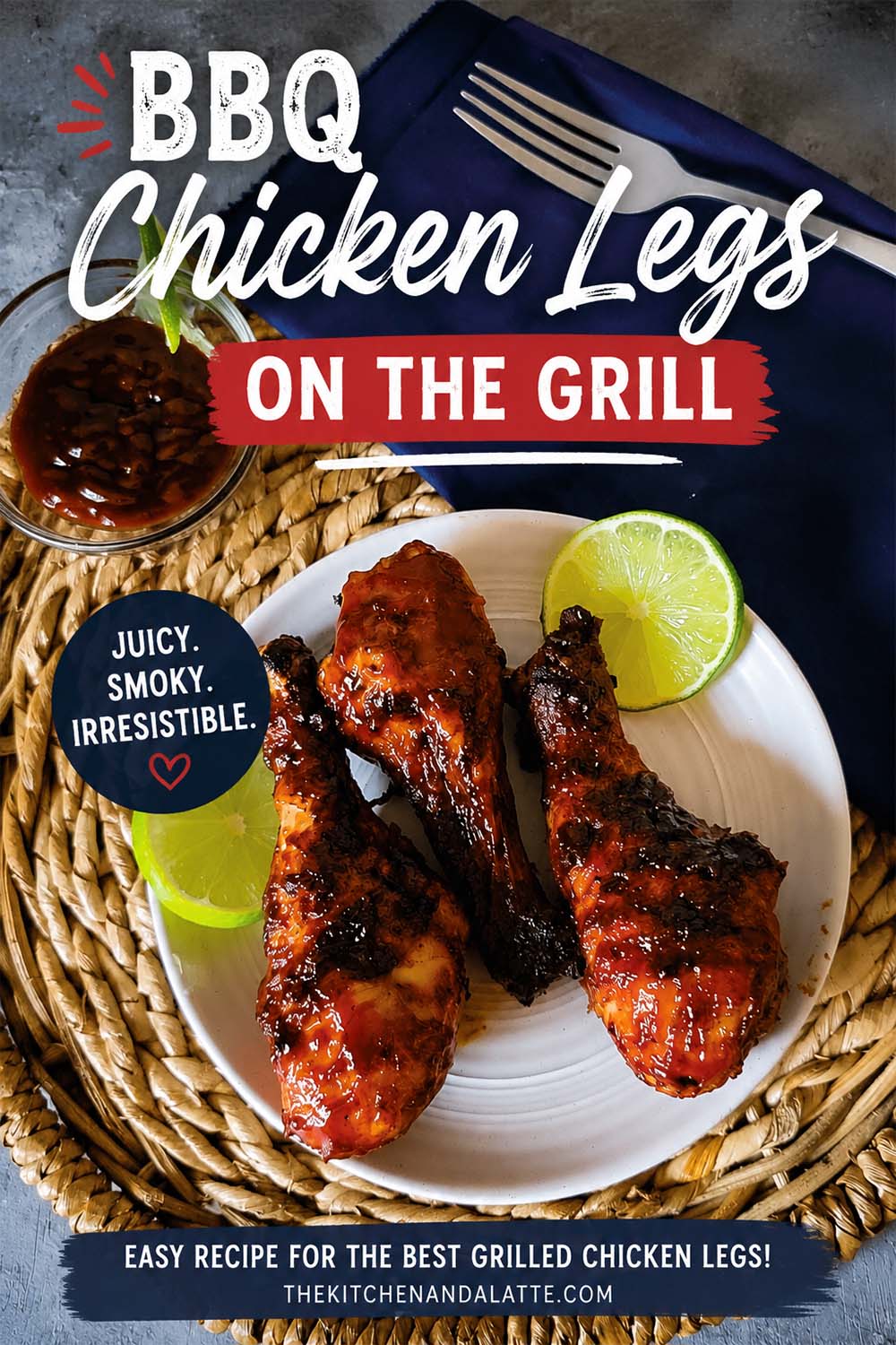 BBQ Chicken legs on the grill. Juicy. Smokey. Irresistible. Easy recipe for the best grilled chicken legs! BBQ chicken legs off the grill on a plate ready to eat.