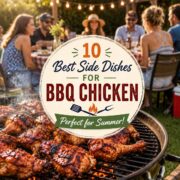10 Best Side Dishes for BBQ Chicken - Perfect for summer. BBQ chicken legs cooking on the grill with people sitting around a table talking close by.