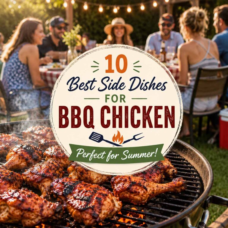 10 Best Side Dishes for BBQ Chicken - Perfect for summer. BBQ chicken legs cooking on the grill with people sitting around a table talking close by.
