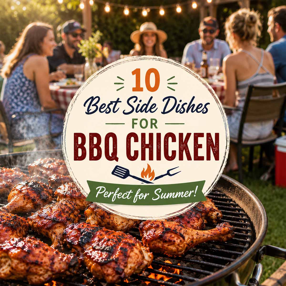 10 Best Side Dishes for BBQ Chicken - Perfect for summer. BBQ chicken legs cooking on the grill with people sitting around a table talking close by.