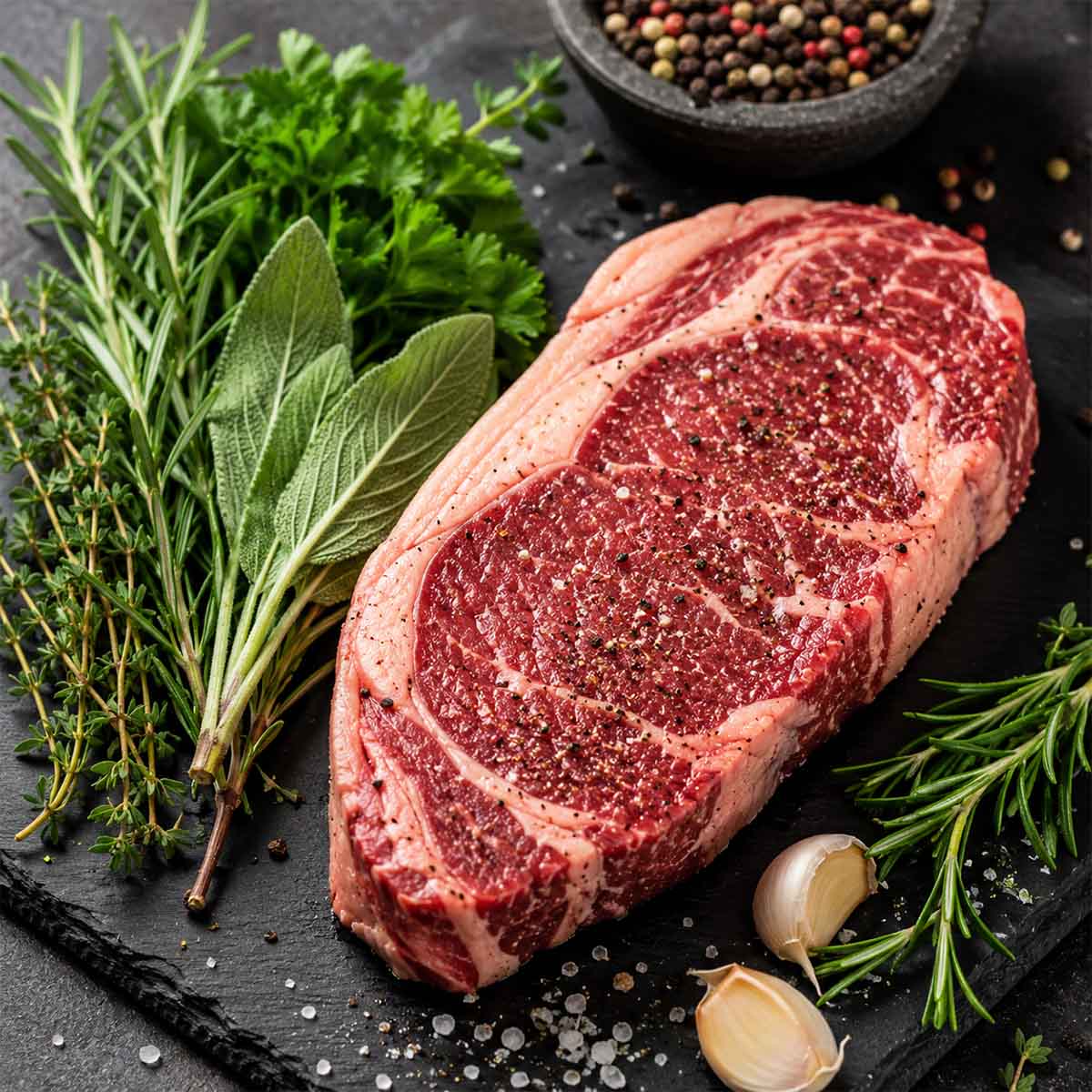 Raw strip steak sitting on a stone slab with fresh herbs surrounding it.