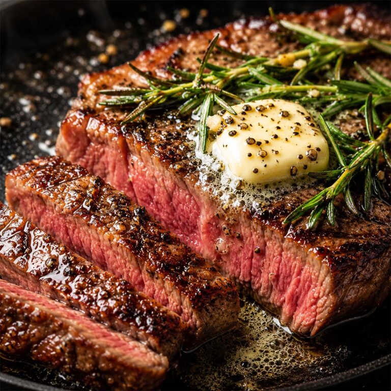 Steak off the grill cut on a plate with butter melting on top and fresh herbs as a garnish.