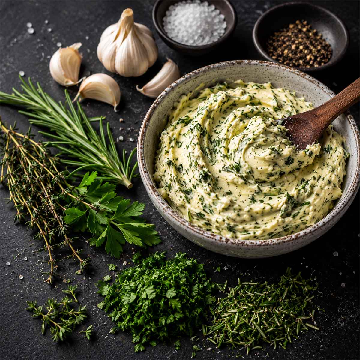 herbed butter in a bowl with fresh herbs surrounding it as decoration.
