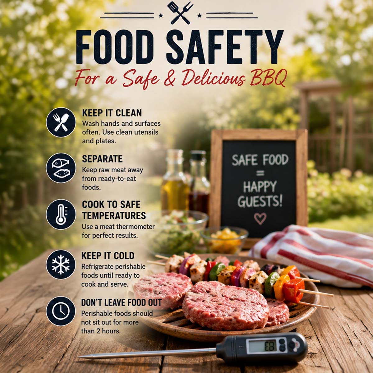 Food safety for a safe and delicious BBQ. A summary of the tips in this section about keeping food safe, cooking it to temperature, keeping it cold, and to separate raw meats from cooked foods.