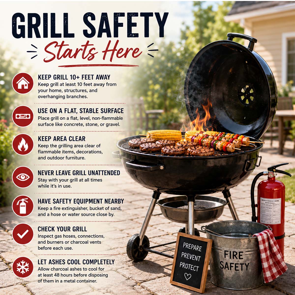 Grill safety starts here - summary of the tips mentioned for grill safety in a printable picture format.
