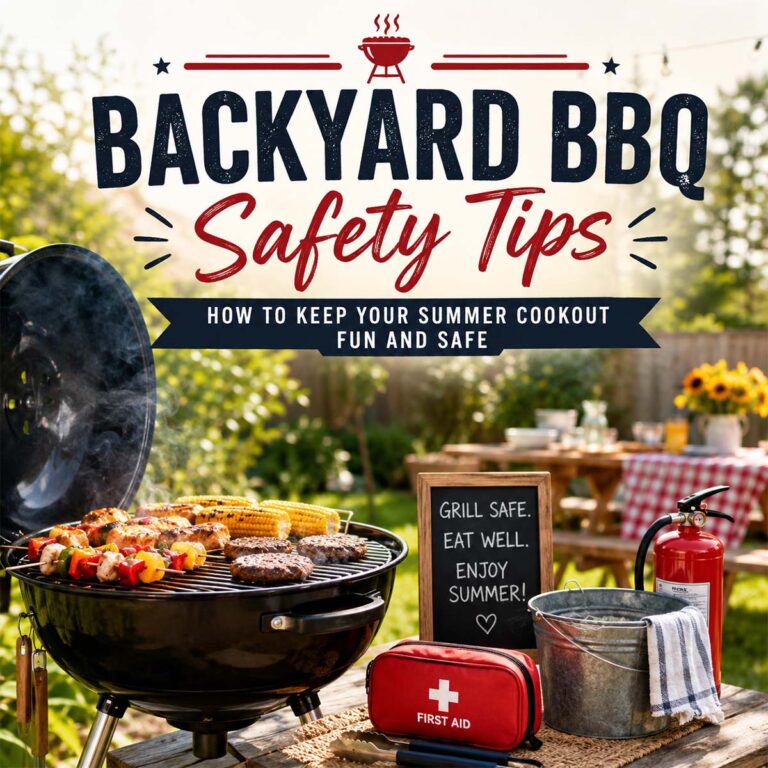Backyard BBQ safety tips. How to keep your summer cookout fun and safe. Food on a grill at a cookout with a first aid kit and fire extinguisher ready.