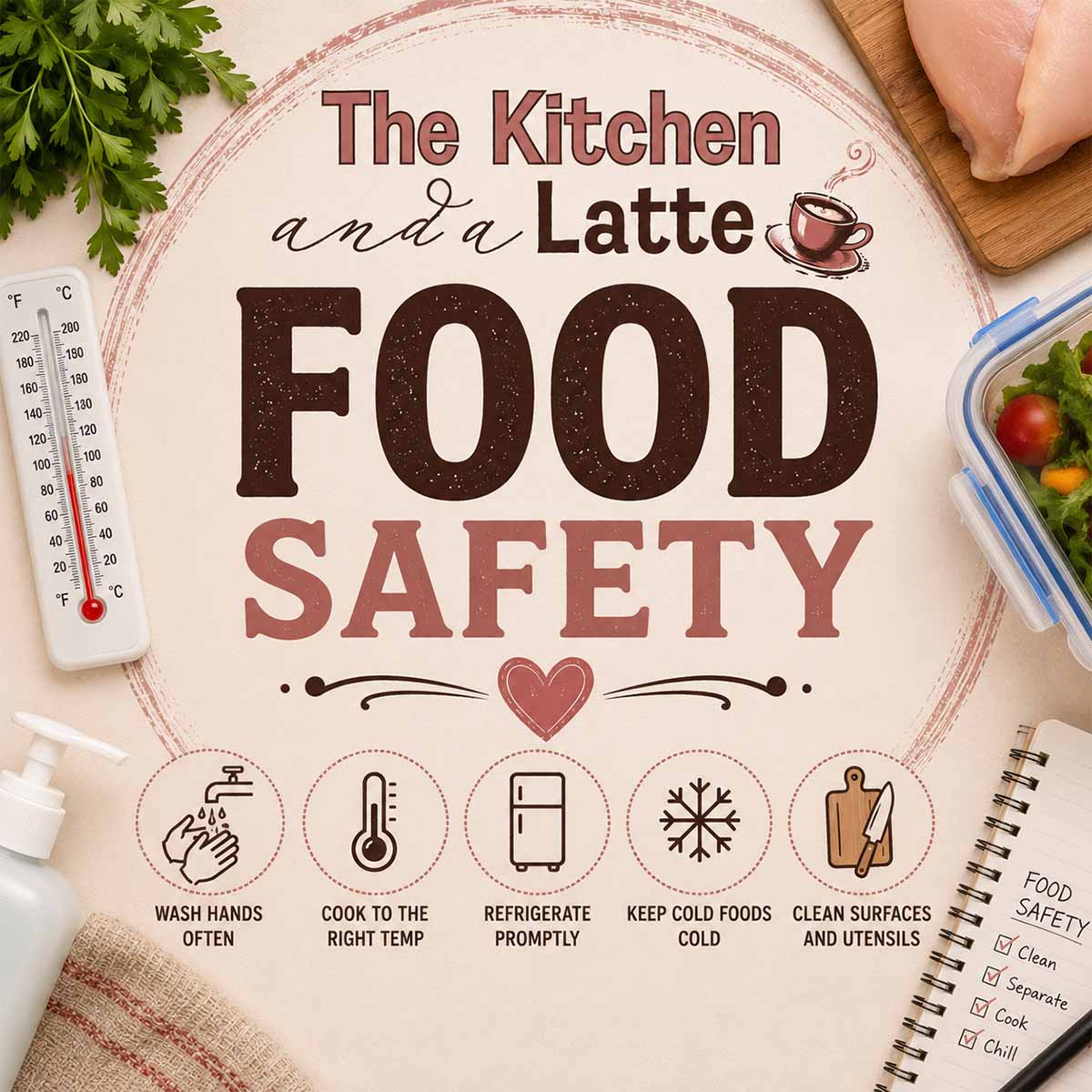 The Kitchen and a Latte Food Safety tips and questions graphic.