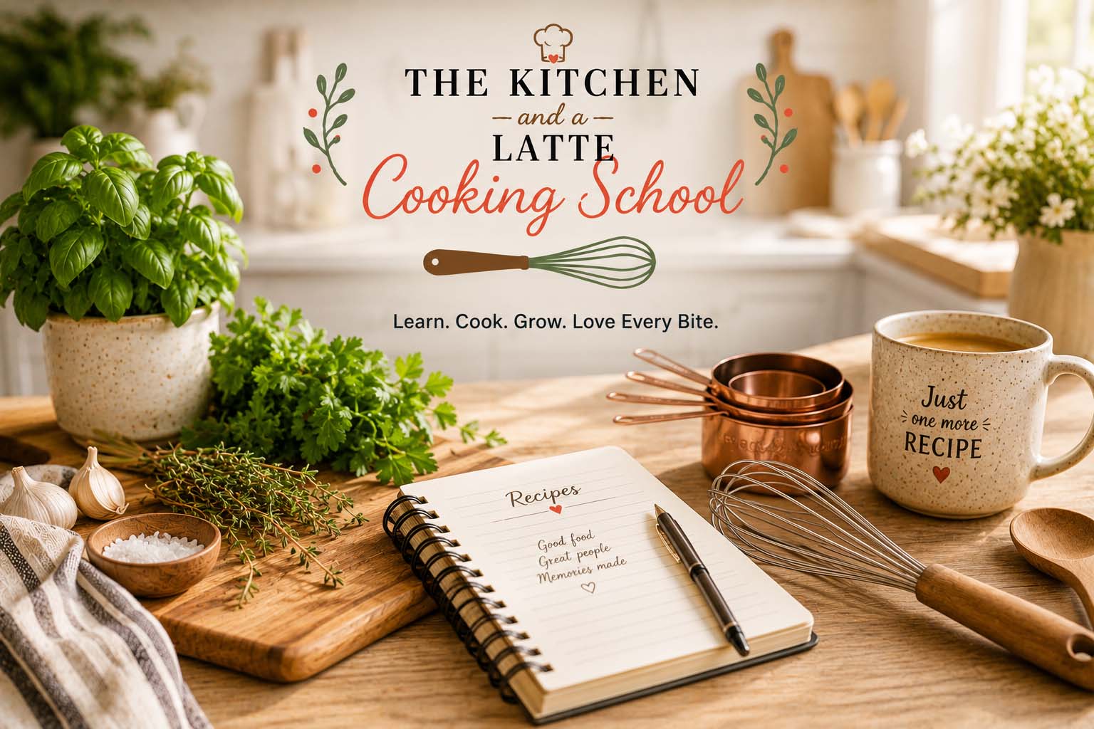 The Kitchen and a Latte Cooking School. Learn. Cook. Grow. Love every bite! A decorative graphic with fresh herbs, a recipe, cooking utensils and a coffee cup.
