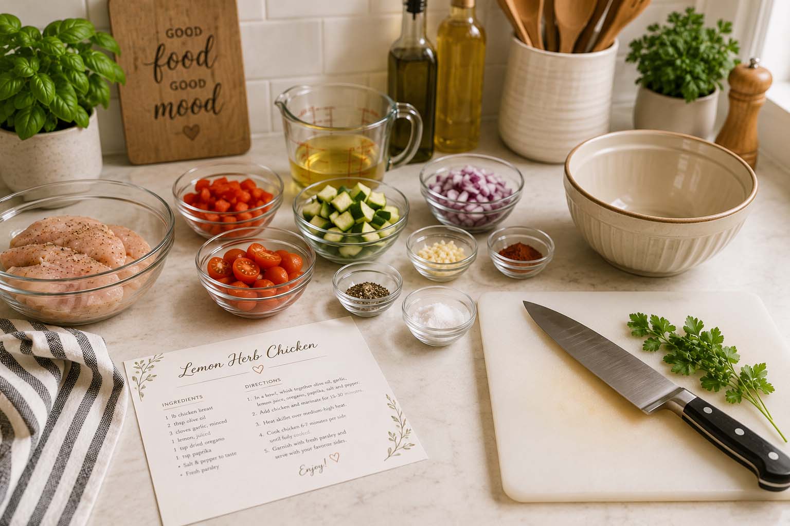 ingredients prepped in bowls, a knife on the cutting board and a recipe card on the counter showing that we are ready to go before we start cooking.