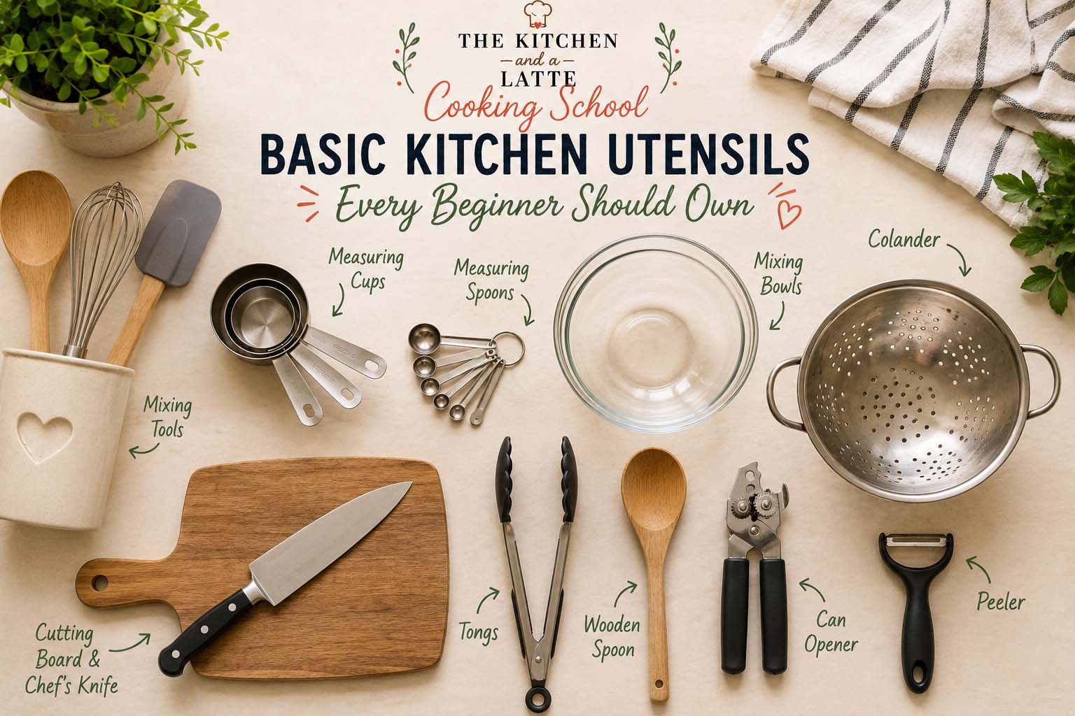 Basic kitchen utensils every beginner should own! Graphic includes knife, cutting board, mixing tools, measuring cups, mixing bowls, measuring spoons, tongs, colander, spoons, can opener and peeler.