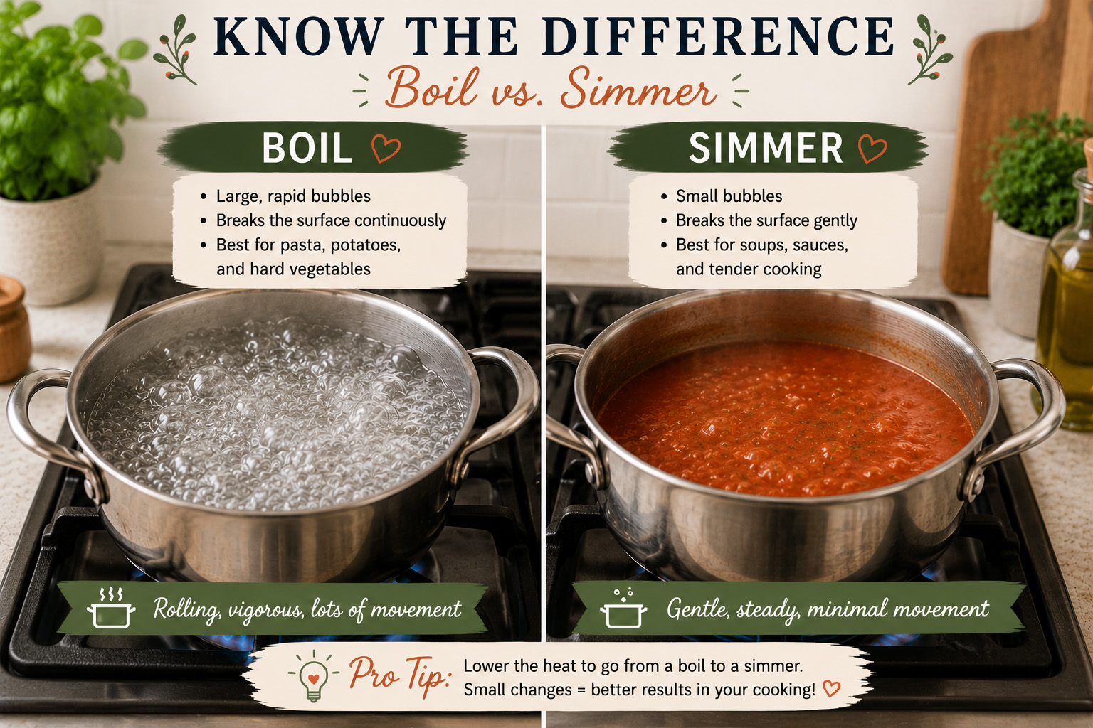 Know the difference between boil and simmer. A side by side comparison of boiling water and simmering pasta sauce.