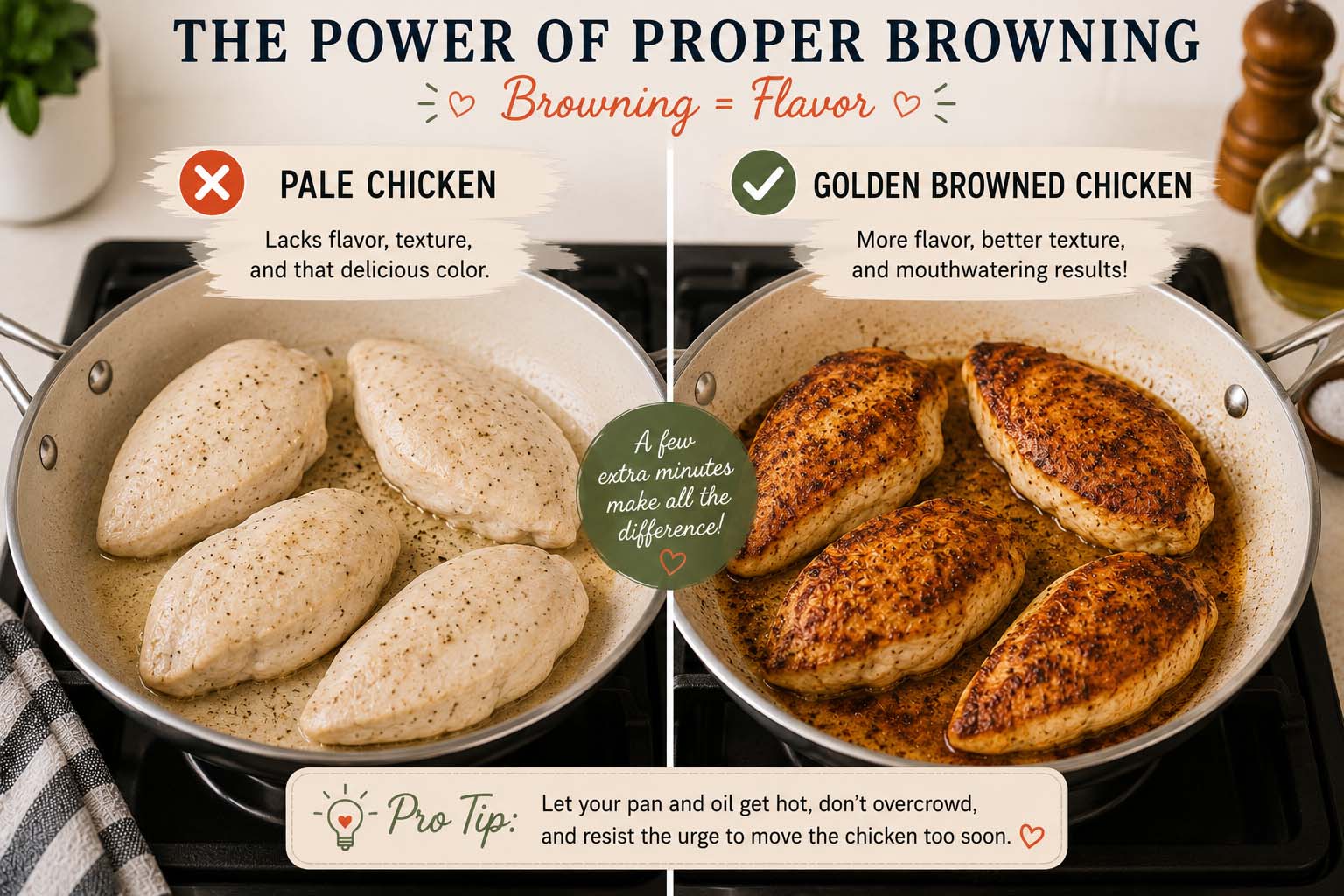 The power of proper browning. Browning = flavor. Pro tip - let your pan and oil get hot, don't overcrowd, resist the urge to move the chicken too soon. side by side comparison of pale chicken and nicely browned chicken.