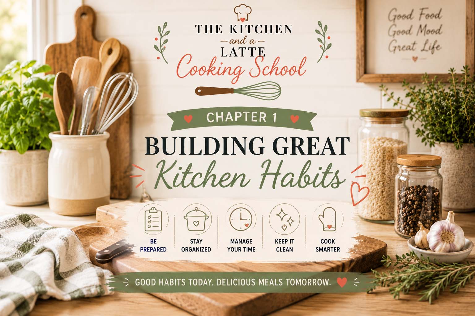 Chapter 1 graphic - building great kitchen habits. Good habits today. Delicious meals tomorrow.