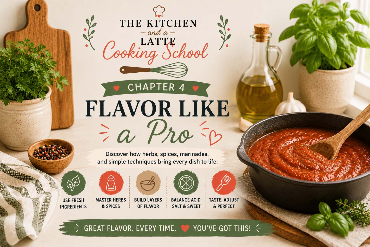 Chapter 4 graphic - flavor like a pro. Discover how herbs, spices, marinades and simple techniques bring every dish to life.
