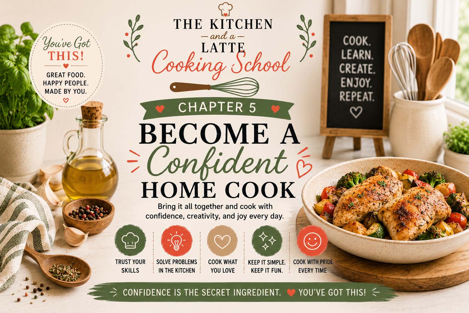 Chapter 5 graphic - become a confident home cook. Confidence is the secret ingredient - you got this!
