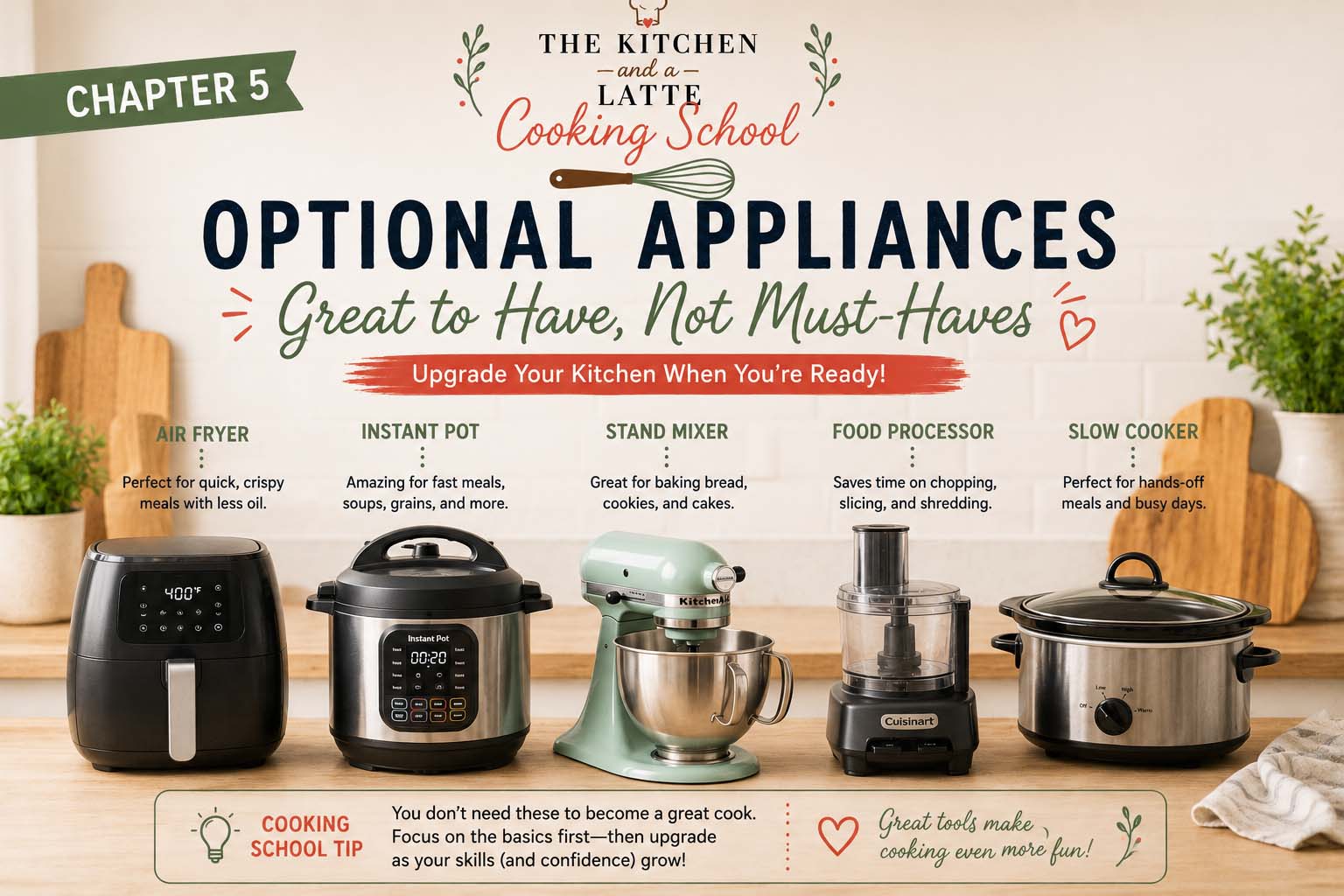 Optional appliances - great to have but not must haves. Includes air fryer, Instant Pot, stand mixer, food processor and slow cooker.