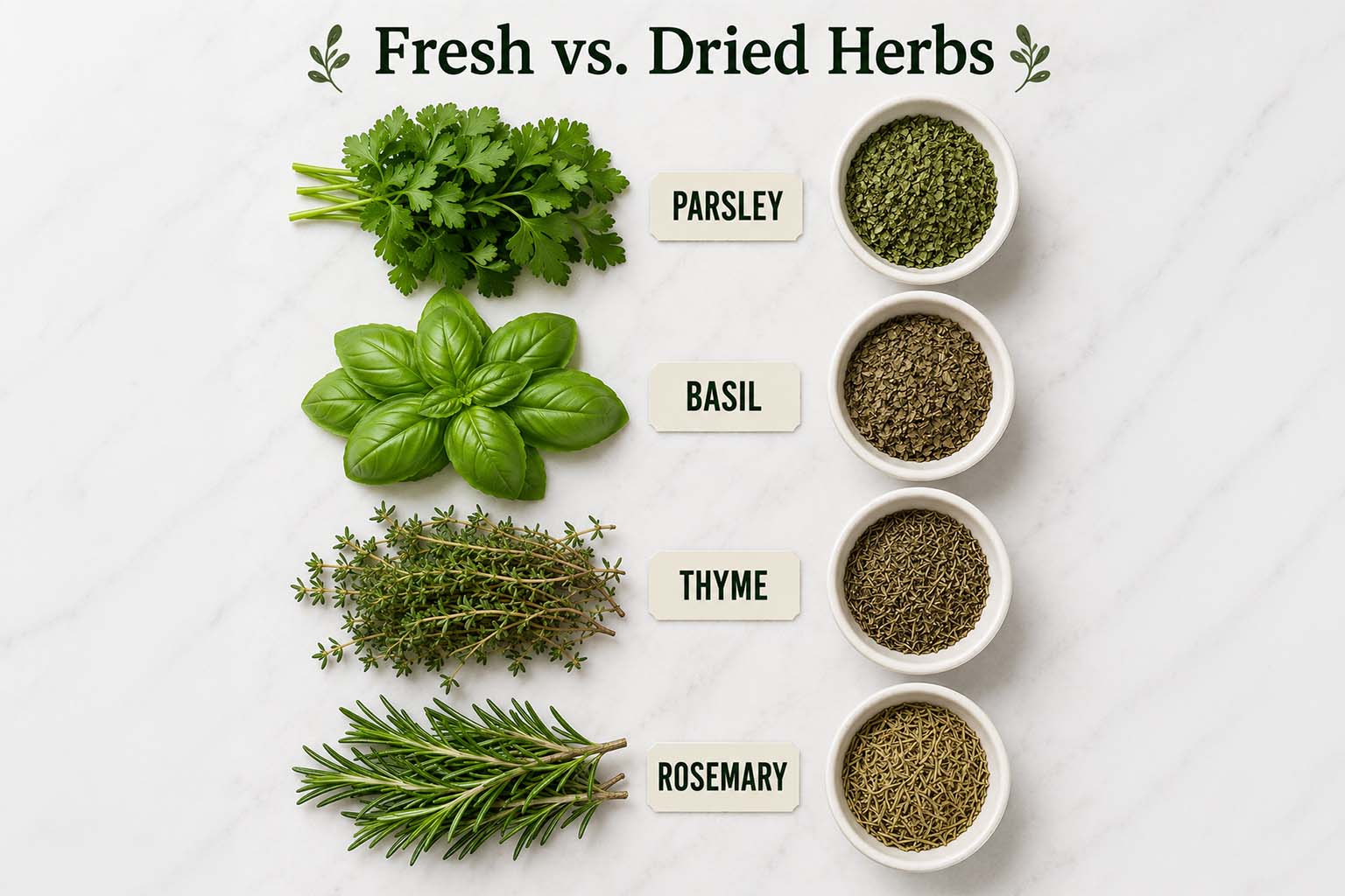 Fresh herbs and dried herbs - basil, thyme, rosemary and parsley. A side by side comparison of fresh and dried herbs.