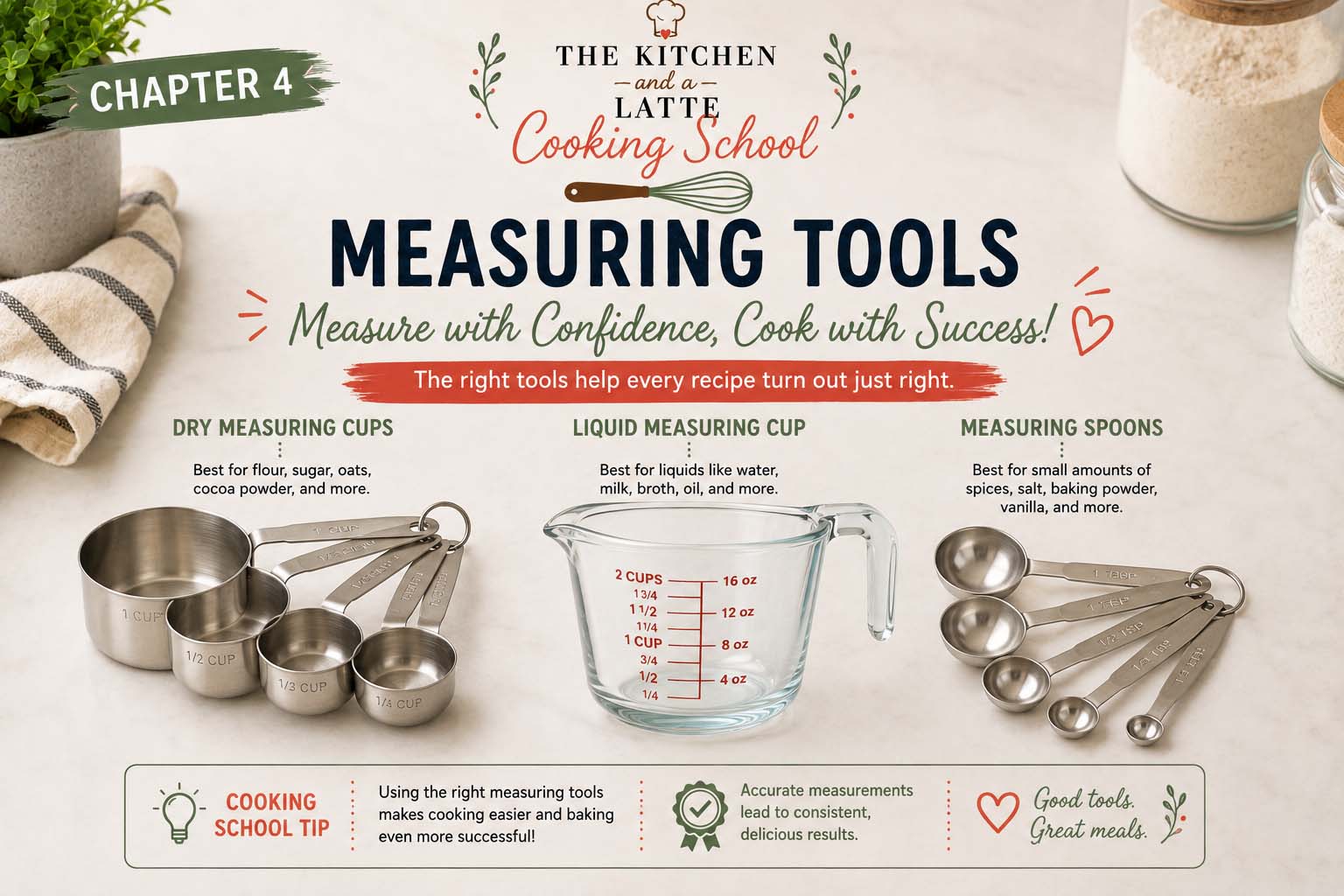Chapter 4 - measuring tools. Image includes measuring spoons, liquid measuring cup and dry measuring cups.